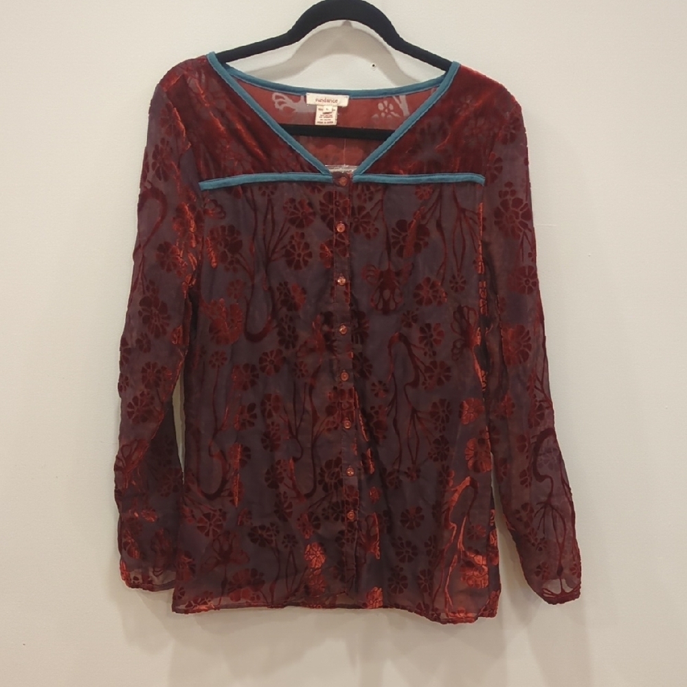 Boho Whimsigoth Y2K Indie Eclectic Sundance Maroon Burnout Velvet Blouse Large